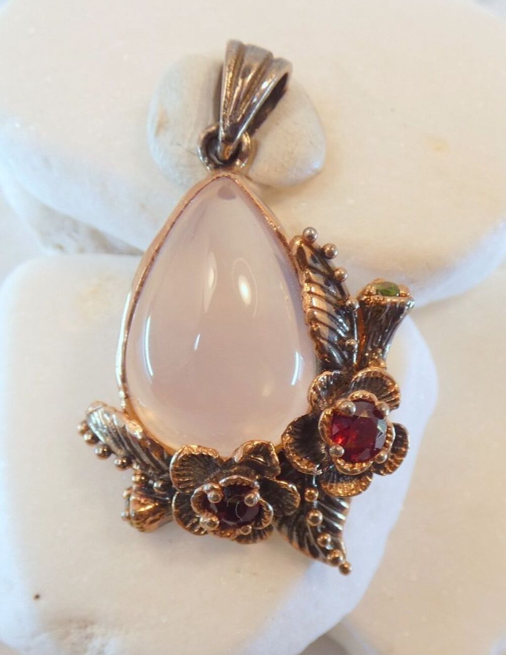 Rose Quartz Rhodolite Garnet Rose Gold Vermeil Pendant Botanical Flowers